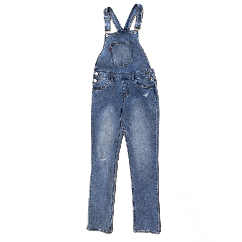 Levis Girls Distressed Denim Overalls Medium Wash Stretch 14 Regular red tab